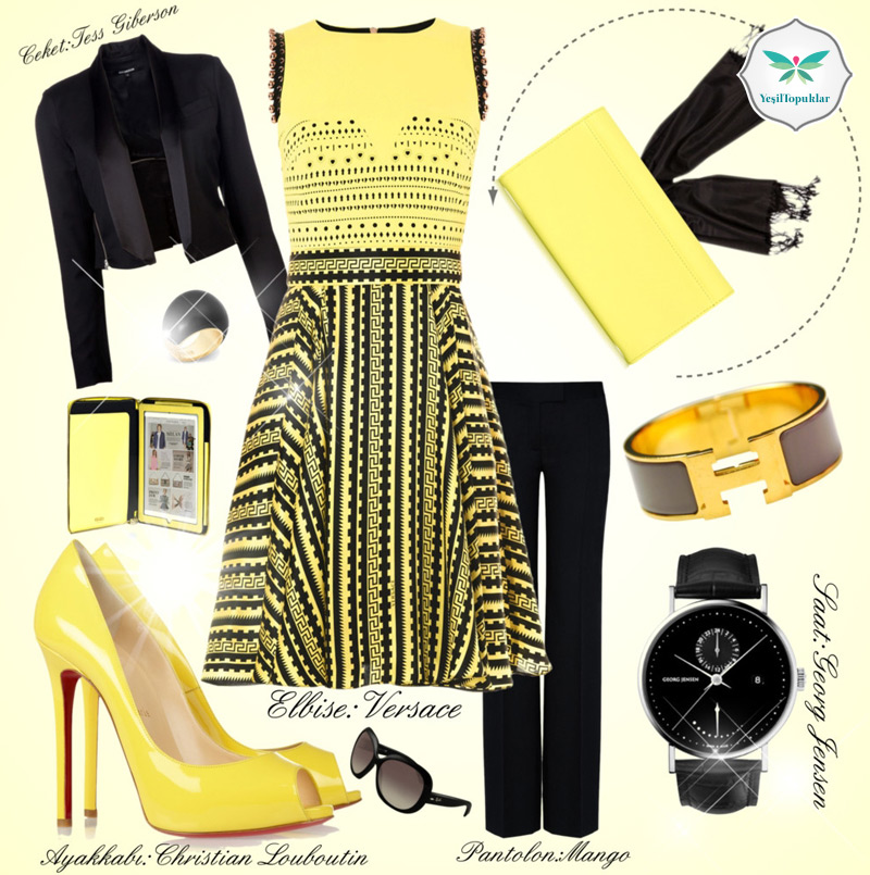 Siyah ve Sarı Renkli Elbise Ceket Kombini