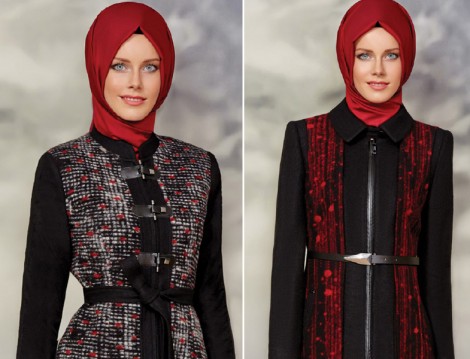 Zühre 2015-16 Sonbahar Kış Kırmızı-Siyah Pardesü Modelleri