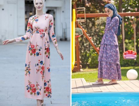 Yaz Tatil İçin Floral Desenli Tesettür Elbise Modelleri
