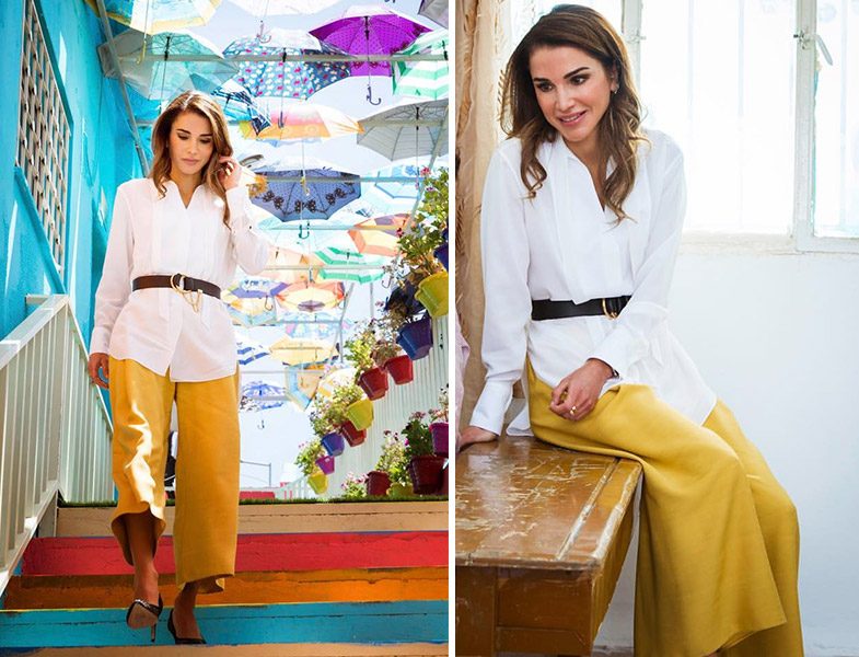 Ürdün Kraliçesi Rania el Abdullah'ın Sarı Pantolon Kombini