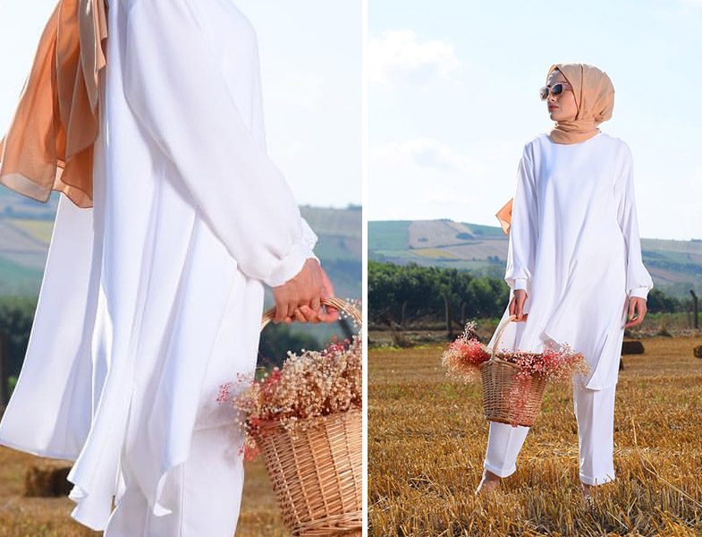 Elif ESER Beyaz Duple Paça Pantolon ve Beyaz Tunik Modelleri