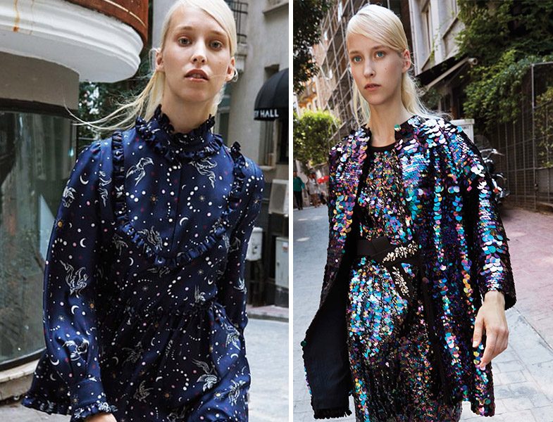 Machka 2018-2019 Sonbahar Kış Desenli Elbise ve Payetli İkili Takım