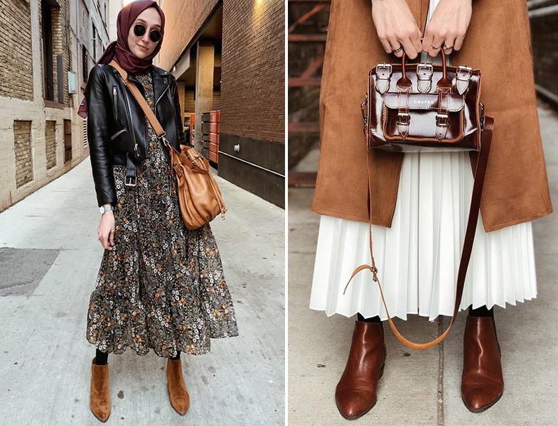 Desenli Elbise Deri Ceket Ile Suet Trenckot Piliseli Etek Kombini Resimlerle Tesettur Giyim Modelleri Ve Online Tesettur Alisveris