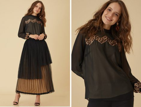 Kayra 2019 İlkbahar Yaz Siyah Dantel ve Tül Detaylı Etek ile Siyah Önü Pullu Bluz