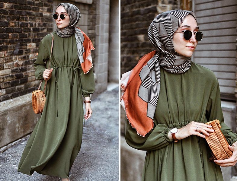 He-Qa Haki Büzgülü Elbise ve Hasır Çanta Kombini