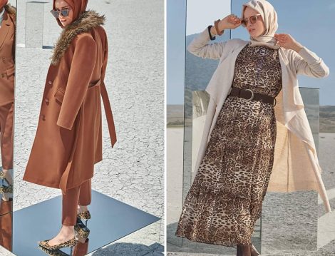 Alvina Giyim 2019-20 Sonbahar Kış Kürk Yaka Manto ve Leopar Desen Elbise