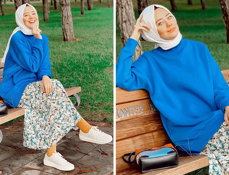 Aybüke Nur Demirci: Koupe Mavi Sweatshirt - Pull&Bear Çiçekli Etek - Camper Sneaker