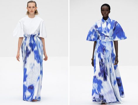 Carolina Herrera 2020 İlkbahar – Yaz Mavi Beyaz Batik Desenli Etek ve Elbise