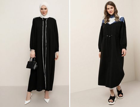 Alia Siyah Beyaz Fisto Detaylı Yakası Bağcıklı Elbise - Alia Siyah İndigo Beli Lastikli Garnili Elbise