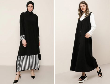 Alia Siyah Beyaz Çizgi Desen Detaylı Elbise - Alia Siyah Ekru Doğal Kumaşlı Bluz Elbise İkili Takım