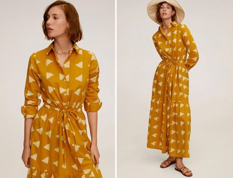 Mango Sarı Geometrik Desenli Uzun Elbise