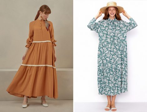 Qooq Store Camel Püskül Elbise - Vesna Yeşil Flora Yaprak Desenli Elbise 