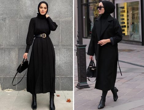 Kayra Siyah Balon Kol Triko Elbise (Eda Cömert) - Dilara Nazan Ertan Siyah Kuşaklı Oversize Kaban