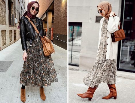 H&M Desenli Elbise ve Zara Deri Ceket - H&M Desenli Elbise ve Hırka (Elif Doğan)