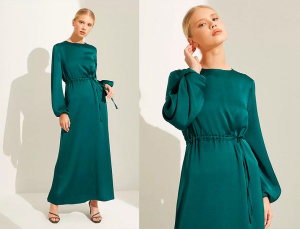 Fuga Design Zümrüt Yeşili Saten Elbise