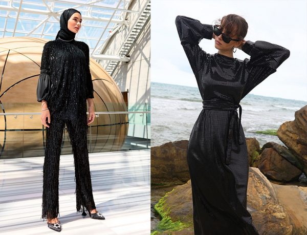 Mizalle Pullu Saten Siyah Tunik ve Pantolon - Suud Collection Payetli Abiye Elbise