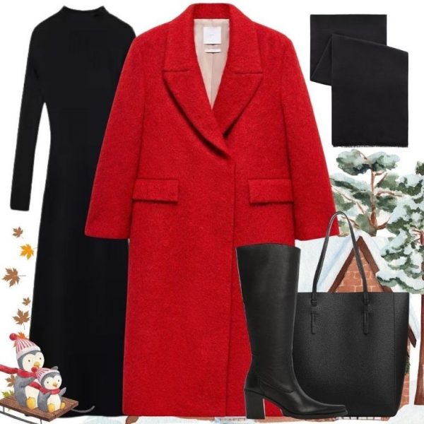 Kırmızı Palto ve Siyah Triko Elbise Kombin