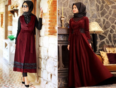 Minel Aşk Bordo Kadife Elbise ve Yelek Modelleri