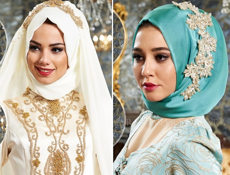 Mevra Özel Tasarım Beyaz ve Mavi Abiye Türban Modeli