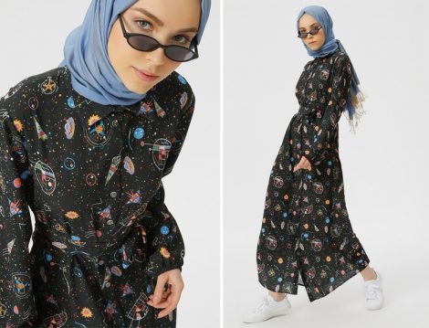 Desenli Tesettür Uzun Elbise Modelleri