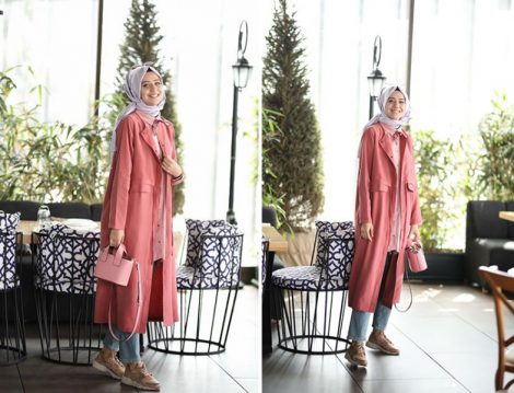Pembe Tesettür Trençkot Modeli