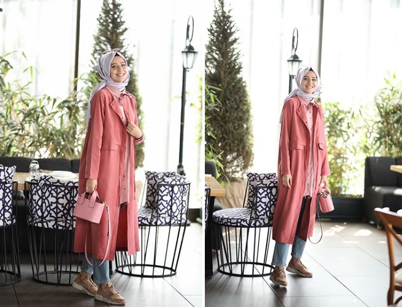 Pembe Tesettür Trençkot Modeli