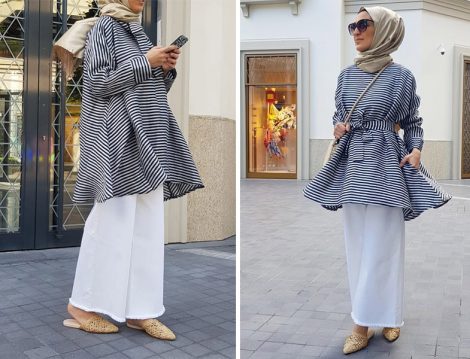 Aybikestil Lacivert Çizgili İpek Keten Volanlı Tunik ve Beyaz Bol Kot Pantolon Modeli