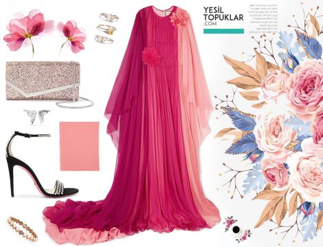 Pembe Şifon Yazlık Tesettür Abiye Elbise Modeli