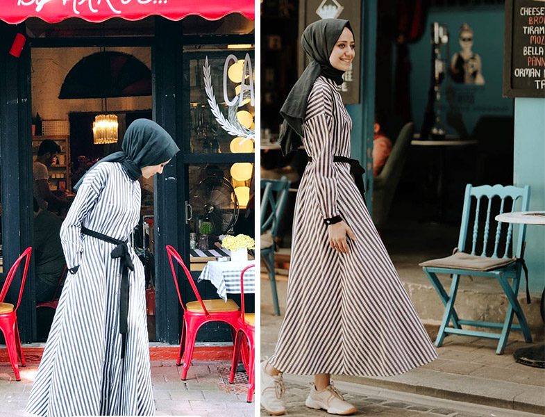 kkdesignn Kübra Çetinkaya Siyah Beyaz Çizgili Elbise Modeli
