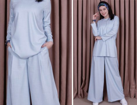 Kübra Biriktir Mavi Sedef Keten Pantolon & Tunik İkili Takım