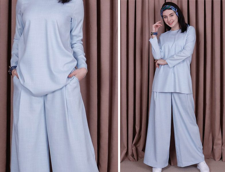Kübra Biriktir Mavi Sedef Keten Pantolon & Tunik İkili Takım