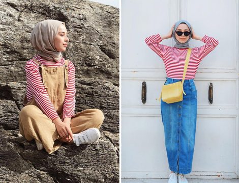 Rümeysa Yağcı Çizgili Tişört İle Kot Etek ve Salopet Kombini