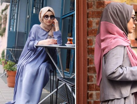 Sümeyra Yılmaz Tasarım Mavi Chanel Elbise Tunik ve Argite Eşarp Vizon Gül Kurusu İki Renkli Şifon Şal