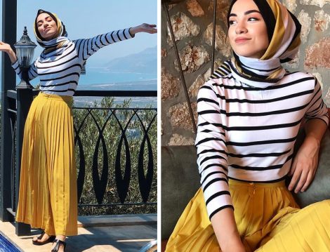 Kevser Sarıoğlu Sarı Pileli Etek Pantolon Modeli