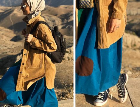 Yamalı Elbise Kadife Ceket Kombini