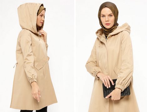 Loreen By Puane Camel Gizli Fermuarlı Kapüşonlu Trençkot Modeli