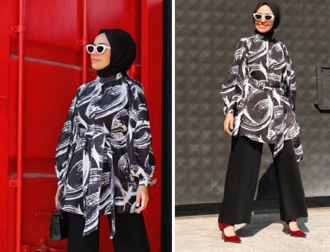Qooqstore Siyah Beyaz Desenli Tunik