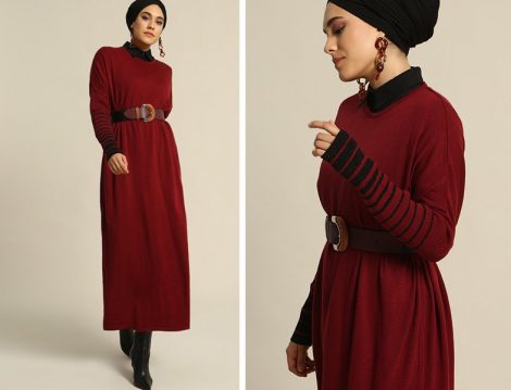 Refka Bordo Yarasa Kollu Triko Elbise Tunik