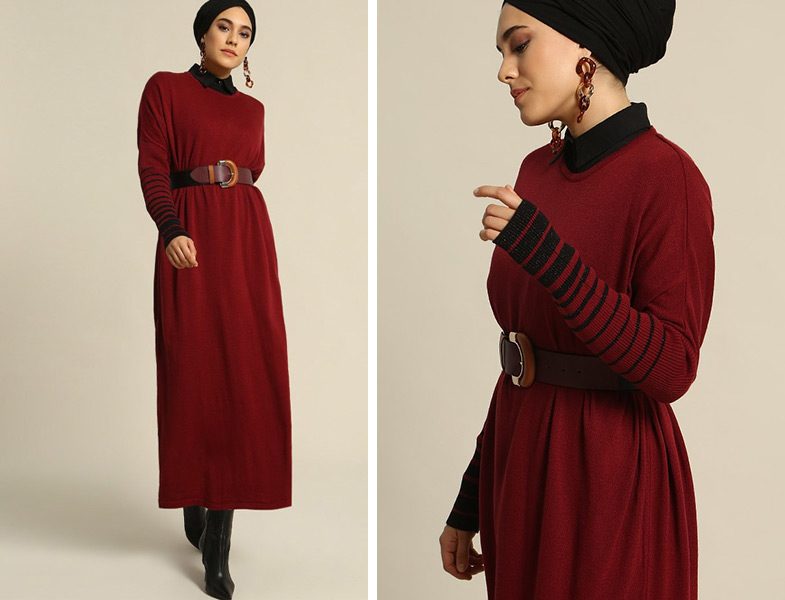 Refka Bordo Yarasa Kollu Triko Elbise Tunik