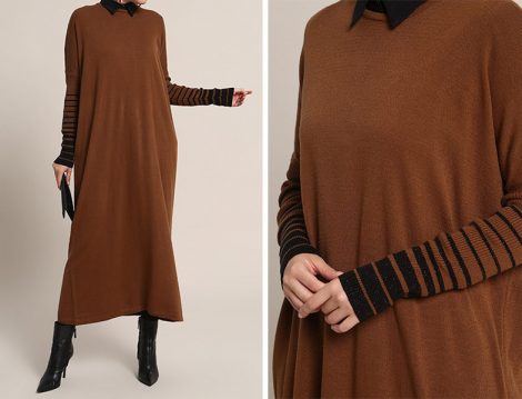 Refka Kahve Yarasa Kollu Triko Elbise Tunik