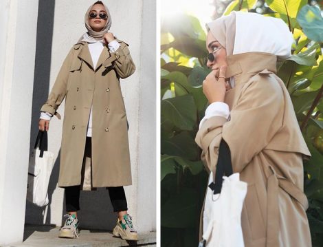 Suud Collection Camel Trençkot ve Ekru Sweatshirt Modeli