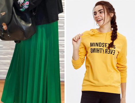Yeşil Piliseli Etek ve Sarı Sweatshirt