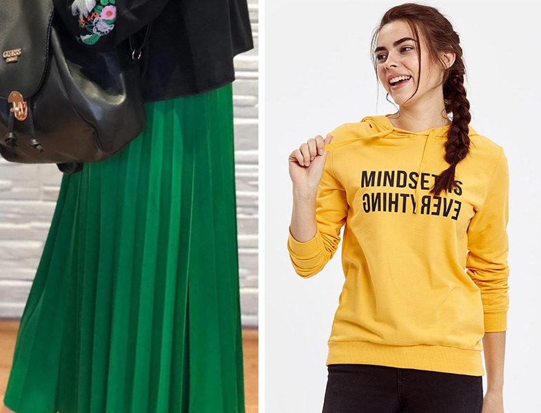 Yeşil Piliseli Etek ve Sarı Sweatshirt