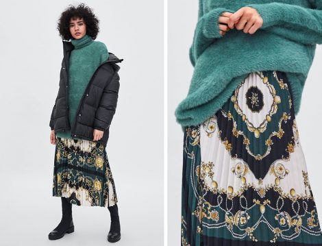 Zara Eşarp Baskılı Pliseli Uzun Etek ve Balıkçı Yaka Triko