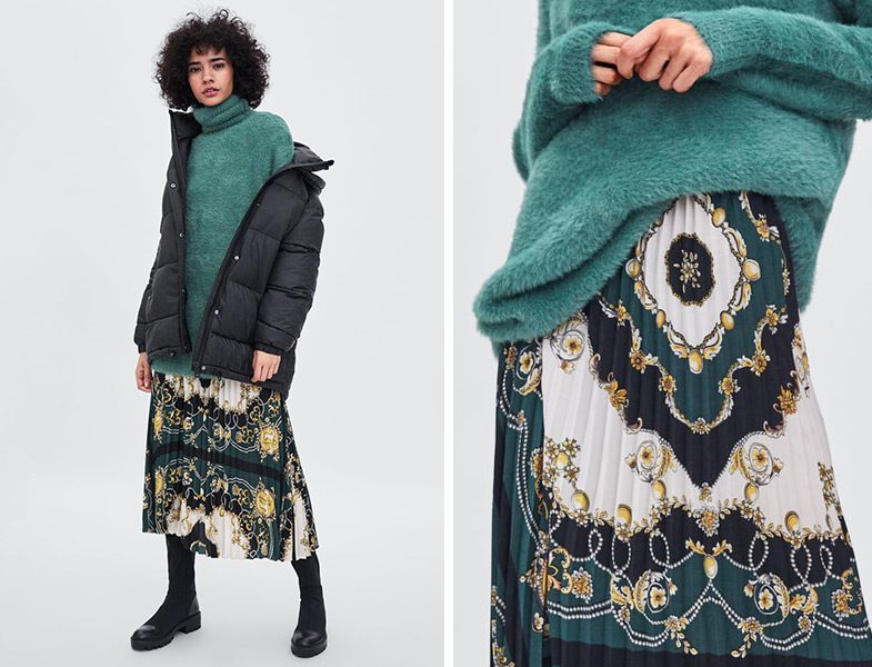 Zara Eşarp Baskılı Pliseli Uzun Etek ve Balıkçı Yaka Triko