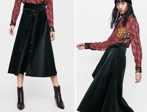 Zara Kemerli Düğmeli A Kesim Midi Etek