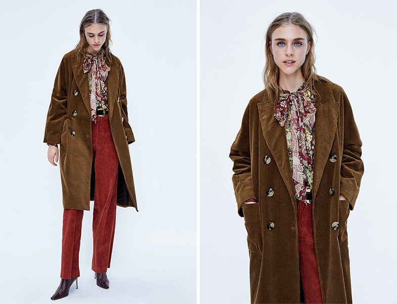 Zara Çift Düğmeli Fitilli Kadife Kaban