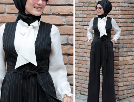 Zehrace Siyah Cepli Çizgili Tulum