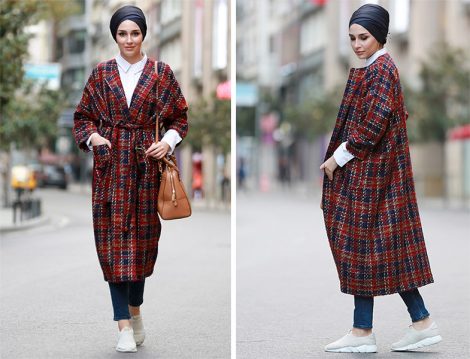 AL SHEIKHA Bordo Tüvit Ekose Oversize Manto