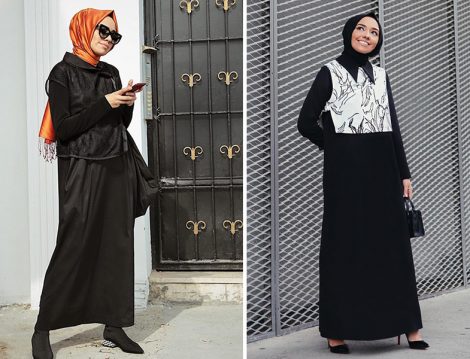 File Yelek ve Beyaz Süveter Detaylı Siyah Elbise Modelleri